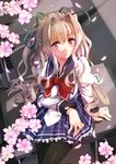  amayofuu black_legwear blonde_hair blush breasts cherry_blossoms da_capo da_capo_iii desk hair_ribbon large_breasts long_hair looking_at_viewer pantyhose red_eyes ribbon school_uniform sitting smile solo yoshino_charles 