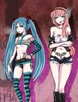  2girls aqua_eyes aqua_hair areolae armband belly_piercing black_panties black_shoes blue_eyes blue_lips blue_lipstick blue_nails boots breasts cigarette clothed condom condom_wrapper denim denim_shorts earring earrings eye_shadow eyeshadow female hairband hatsune_miku jacket jewelry large_breasts lipstick long_hair makeup medium_breasts megabuster megurine_luka miniskirt multiple_girls nail_polish navel navel_piercing necktie panties piercing pink_hair pink_lips pink_lipstick prostitution red_panties shoes shorts skirt smoking socks standing tattoo twintails underboob underwear very_long_hair vocaloid 