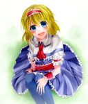  alice_margatroid bad_id bad_pixiv_id blonde_hair blue_eyes blue_legwear blush cape frills necktie rukito sitting smile solo thighhighs touhou 