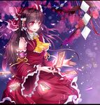  bad_id bad_pixiv_id bare_shoulders brown_hair cherry_blossoms detached_sleeves frills hair_ribbon hakurei_reimu ofuda red_eyes ribbon rukito solo touhou 