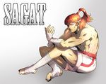  alternate_hairstyle ankle_wrap barefoot character_name hand_wraps headband male_focus muscle red_hair sagat sagattoru shirtless shorts sitting solo street_fighter topknot younger 