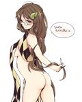  :3 ass blush breasts brown_hair futatsuiwa_mamizou futatsuiwa_mamizou_(human) glasses highres kiguchiko leaf leaf_on_head long_hair looking_at_viewer medium_breasts naked_scarf naughty_face nude scarf simple_background sketch smile solo touhou translated very_long_hair white_background yellow_eyes 