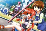  :d absurdres ahoge bag bench blonde_hair blue_eyes braid brown_hair can casual choker denim dress hair_intakes hashimoto_takayoshi highres hood hoodie huge_filesize legwear_under_shorts long_hair lyrical_nanoha mahou_shoujo_lyrical_nanoha mahou_shoujo_lyrical_nanoha_a's mahou_shoujo_lyrical_nanoha_the_movie_2nd_a's megami multiple_girls official_art open_mouth overall_skirt overalls pantyhose pinafore_dress pink_hair ponytail railing red_hair scan shamal shoes short_hair shorts signum smile swing twin_braids vita yagami_hayate zafira 