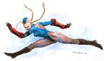  antenna_hair back_cutout blonde_hair blue_eyes blue_leotard boots braid cammy_white fingerless_gloves flying_kick garrison_cap gloves hat highres kicking legs leotard long_hair long_legs scar solo steven_mack street_fighter street_fighter_zero_(series) thighs thong_leotard twin_braids 