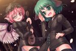  :d ;d animal_ears black_legwear blush choujuu_gigaku collar green_eyes green_hair hat highres instrument kasodani_kyouko lzh multiple_girls music mystia_lorelei one_eye_closed open_mouth pink_eyes pink_hair playing_instrument short_hair smile thighhighs touhou wings 