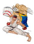  2boys ankle_wrap bald barefoot black_hair dougi eyepatch fingerless_gloves flying_kick gloves hand_wraps headband highres kicking male_focus multiple_boys muscle ryuu_(street_fighter) sagat shorts sleeveless steven_mack street_fighter 