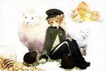  :3 animal axis_powers_hetalia bird blonde_hair full_body green_eyes kiwi male_focus new_zealand_(hetalia) sheep smile solo 