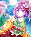  bad_id bad_pixiv_id bubble cherry_blossoms collarbone hieda_no_akyuu highres japanese_clothes moonlight petals purple_eyes purple_hair rukito scroll solo touhou 