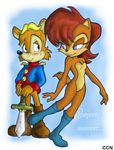  antoine_d&#039;coolette antoine_d'coolette blonde_hair blue_eyes blush breasts canine chad_the_cartoon_nut chadthecartoonnut chipmunk clothing couple coyote cute duo female french french_language hair male mammal oddly_sexy red_hair rodent sally_acorn sega shy sonic_(series) squirrel text 