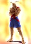  adapted_costume antlers bald barefoot chin_stroking cosplay eyepatch full_body highres kuroi_ekaki male_focus muscle sagat scar sento-kun sento-kun_(cosplay) skirt solo street_fighter 