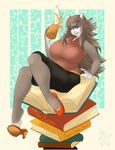  big_breasts blue_eyes book breasts clothed clothing coffee cup female hair hedgehog heels huge_breasts long_hair madturtle mammal milf mother mug pants parent quinn_(madturtle) shoes sitting solo thighs 