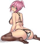  ass ass_cutout bare_shoulders blush breasts brown_legwear butt_crack green_eyes hair_bun head_tilt houtengeki large_breasts leaning_forward looking_at_viewer looking_back open_mouth original pink_hair ponytail shiny shiny_clothes shiny_skin short_hair shoulder_blades simple_background sitting smile solo strap_gap thighhighs trefoil wariza white_background 