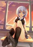  bad_id bad_pixiv_id black_legwear blue_eyes blush breasts classroom cloud desk feet hair_ornament hairclip icywood indoors large_breasts looking_at_viewer on_desk open_mouth original pleated_skirt pov school_desk shadow short_hair silver_hair sitting sitting_on_desk skirt sky socks solo sunset sweater_vest thighs window 
