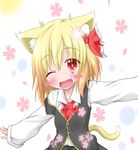  animal_ears blonde_hair blush_stickers cat_ears cat_tail cherry_blossoms fang hair_ribbon oden_(th-inaba) one_eye_closed petals red_eyes ribbon rumia solo symbol-shaped_pupils tail touhou 