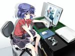  :o barefoot blouse blue_eyes blue_hair book breasts chair cleavage_cutout computer controller desk expressive_clothes game_console game_controller gorilla_(bun0615) hat looking_at_viewer medium_breasts miyako_yoshika mouse_(computer) office_chair ofuda outstretched_arms playstation recursion reflection scanner shadow simple_background skirt solo star tablet touhou white_background zombie_pose 