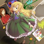  amaoto_sanba blonde_hair crayon dress frilled_dress frills garry_(ib) green_dress green_eyes ib ib_(ib) lady_in_red_(ib) long_hair looking_at_viewer mary_(ib) petals picture_frame 