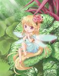  anklet barefoot blonde_hair dew_drop fairy fairy_wings flower hair_flower hair_ornament highres jewelry long_hair minigirl original pointy_ears purple_eyes rose smile solo uzumaki_(skydirt) very_long_hair water_drop wings 