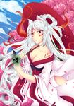  amaterasu animal_ears bare_shoulders breasts cleavage criis-chan issun japanese_clothes kimono long_hair medium_breasts ookami_(game) personification petals solo tattoo very_long_hair white_hair wide_sleeves wolf_ears 