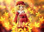  aki_minoriko aki_shizuha blonde_hair breasts covered_nipples dress fal_(falketto) food fruit fusion grapes hair_ornament hat heterochromia leaf long_sleeves medium_breasts open_mouth red_eyes sleeves_past_wrists smile solo touhou yellow_eyes 