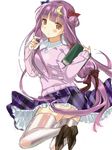  alternate_costume argyle bad_id bad_pixiv_id contemporary crescent crescent_hair_ornament hair_bun hair_ornament jumping kiyu2min long_hair looking_back low-tied_long_hair no_hat no_headwear patchouli_knowledge pullover purple_hair skirt sleeves_past_wrists solo thighhighs touhou white_legwear zettai_ryouiki 