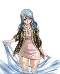  animal_print black_eyes blue_hair dress fairy_tail jewelry juvia_lockser leopard_print long_hair mashima_hiro necklace official_art solo tattoo wading water wet 