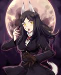  animal_ears aura black_hair blood blood_on_face blush coat constantia_cantacuzino full_moon gloves kyougoku_shin long_hair looking_at_viewer moon night open_mouth single_glove solo tail tongue world_witches_series yellow_eyes 
