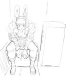  2018 :&lt; actionbastardvirginblstr anthro armor boots box breastplate clothed clothing female footwear fur hair inside lagomorph looking_at_viewer mammal monochrome pants rabbit shirt simple_background sitting sketch solo white_background 