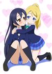  ayase_eli black_hair blonde_hair blue_eyes brown_eyes highres hoshino_sora hug hug_from_behind long_hair love_live! love_live!_school_idol_project multiple_girls ponytail sonoda_umi 