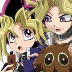  card chain collar d_(pixiv544157) duel_monster jacket kuriboh male_focus multicolored_hair multiple_boys mutou_yuugi open_mouth purple_eyes spiked_hair spirit yami_yuugi yuu-gi-ou yuu-gi-ou_duel_monsters 