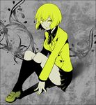  blonde_hair breasts devil_survivor_2 flats kneehighs medium_breasts megami_ibunroku_devil_survivor monochrome nail_polish nitta_io school_uniform short_hair sitting skirt smile solo spot_color tatsuji yellow yellow_eyes 