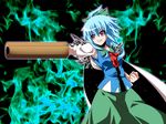  arm_cannon blue_hair bow cape cirno cosplay fal_(falketto) fire fusion hair_bow long_skirt ponytail pose red_eyes reiuji_utsuho reiuji_utsuho_(cosplay) short_hair skirt smile solo third_eye touhou weapon wings 