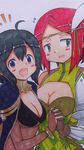  2girls ahoge artist_request black_hair blue_eyes blush breasts character_request choker cleavage cleavage_cutout feather feathers fire_emblem fire_emblem:_kakusei green_eyes hands_clasped huge_breasts mark_(fire_emblem) multiple_girls noire_(fire_emblem) open_mouth red_hair short_hair siblings sisters smile 