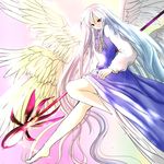  angel_wings barefoot black_eyes crest dress gradient gradient_background gradient_hair high_collar highres jewelry leg_up legs light_smile long_hair long_sleeves multicolored_hair multiple_wings necklace nyago sariel seraph solo staff touhou touhou_(pc-98) very_long_hair wings 