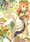  1girl bird bird_nest braid dress green_dress hanging_from_tree highres hong_meiling long_hair open_mouth pants pants_under_dress puffy_sleeves red_eyes red_hair shirt short_sleeves smile solo touhou tree twin_braids 