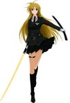  armband bardiche belt blonde_hair boots energy_sword fate_testarossa frown highres jacket katana long_hair lyrical_nanoha mahou_senki_lyrical_nanoha_force necktie pleated_skirt red_eyes scabbard sheath skirt solo sword takamachi_fate thigh_strap weapon 