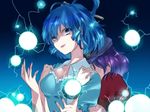  blue_eyes blue_hair blurry breasts cleavage depth_of_field dress energy_ball hair_ornament hair_rings hair_stick hat kaku_seiga kanasaki locked_arms medium_breasts miyako_yoshika multiple_girls purple_hair touhou vest 