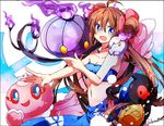  :d bad_id bad_pixiv_id bare_shoulders blue_sarong brown_hair chandelure cosplay double_bun flower frillish fuyou_(pokemon) fuyou_(pokemon)_(cosplay) gen_5_pokemon hair_flower hair_ornament litwick long_hair mei_(pokemon) midriff naru_(andante) navel open_mouth pokemon pokemon_(creature) pokemon_(game) pokemon_bw2 pokemon_rse print_sarong sarong skirt smile strapless tubetop yamask 