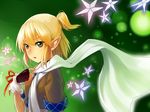  blonde_hair blouse eyelashes fingerless_gloves gloves green_background green_eyes half_updo highres light_particles lips looking_at_viewer mizuhashi_parsee pointy_ears ponytail ribbon scarf short_hair sidelocks simple_background solo star touhou upper_body wrist_cuffs yomio 