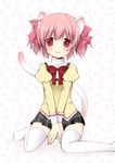  animal_ears between_legs cat_ears cat_tail hair_ribbon hand_between_legs highres kaname_madoka mahou_shoujo_madoka_magica oumi_neneha pink_eyes pink_hair ribbon school_uniform short_twintails sitting skirt solo tail thighhighs twintails v_arms zettai_ryouiki 