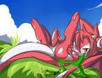  cloud clouds dragon erection genital_slit grass hair horn male nude open_mouth outside penis presenting red_hair ru ru_(rudragon) sky slit solo white_crest 