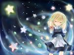  arms_behind_head blonde_hair blush closed_eyes closed_mouth hair_ribbon kirisame_marisa light_smile long_hair no_hat no_headwear ribbon solo star straddling touhou yuuhi_alpha 