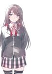  black_eyes black_hair black_legwear blazer hareno_chiame jacket long_hair plaid plaid_skirt pleated_skirt ribbon school_uniform skirt solo thighhighs yahari_ore_no_seishun_lovecome_wa_machigatteiru. yukinoshita_yukino zettai_ryouiki 