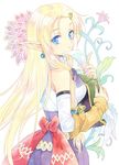  agahari blonde_hair blue_eyes blush dahlia_(rune_factory) earrings flower jewelry long_hair looking_back pointy_ears rune_factory rune_factory_3 solo 