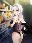  ass bra breasts from_behind hairband highres idolmaster idolmaster_(classic) kaiga leotard long_hair looking_back lordi medium_breasts outstretched_hand panties parody pov purple_eyes shijou_takane shopping silver_hair solo_focus thong_leotard underwear zombie 
