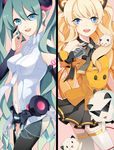  bad_id bad_pixiv_id blonde_hair blue_eyes center_opening fungus_(vocaloid) gompang-i green_hair hatsune_miku hatsune_miku_(append) long_hair multiple_girls navel necktie seeu skirt thighhighs very_long_hair vocaloid vocaloid_append yeni 