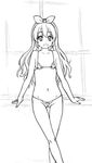  aikatsu! aikatsu!_(series) areolae arm_support bow breasts crossed_legs greyscale hair_bow highres hoshimiya_ichigo lingerie long_hair looking_at_viewer monochrome navel open_mouth partially_visible_vulva shiwasu_no_okina sketch small_breasts smile solo standing underwear underwear_only 
