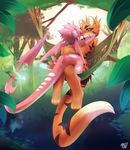  blue_eyes collar dragon feline hair hammock hug jungle pink_hair red_eyes ru_(rudragon) rudragon scalie tiger wings 