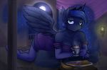  anthro anthrofied banana bed blue_eyes blue_hair breasts cleavage clothed clothing cup equine female friendship_is_magic fruit hair horn horse inside jerinov looking_at_viewer mammal moon my_little_pony night pony princess_luna_(mlp) solo winged_unicorn wings 