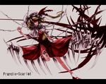  ascot bad_id bad_pixiv_id bandages blonde_hair chain dress flandre_scarlet grin hair_over_one_eye hat hat_ribbon lastdark letterboxed looking_at_viewer red_dress red_eyes ribbon shirt side_ponytail smile solo tattoo touhou wings 