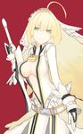  absurdres aestus_estus ahoge bad_id bad_pixiv_id belt blonde_hair bodysuit breasts center_opening chain cleavage fate/extra fate/extra_ccc fate_(series) flower gloves green_eyes highres large_breasts lock mikoto_(oi_plus) nero_claudius_(bride)_(fate) nero_claudius_(fate)_(all) padlock red_background short_hair simple_background smile solo sword unzipped veil weapon white_gloves 